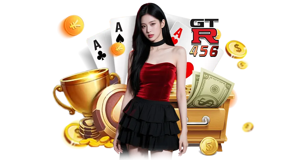 ภาพโปรโมท GTR456 หญิงสาวชุดแดงยืนหน้าการ์ดเอซ ถ้วยรางวัล เงินสด และเหรียญทอง สื่อถึงคาสิโนออนไลน์ แจ็คพอต และกำไรจากการเดิมพัน